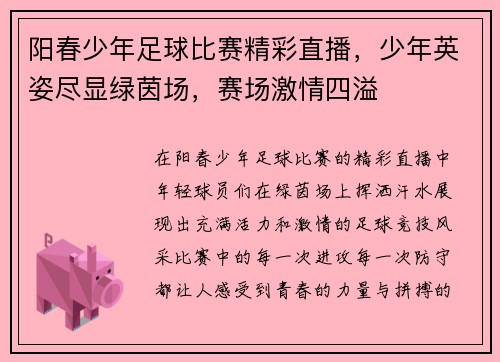 阳春少年足球比赛精彩直播，少年英姿尽显绿茵场，赛场激情四溢
